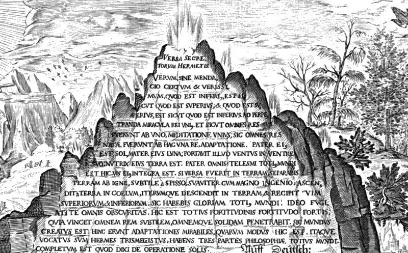 Engraving of a rocky mountain carved with the Latin text of the Emerald Tablet, in a wide landscape.